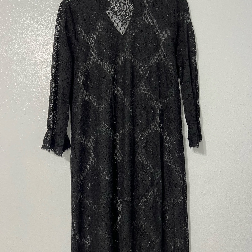 Forever 21 Lace Shirt Dress Womens Medium Black Midi Romantic Goth Sheer - Picture 2 of 9